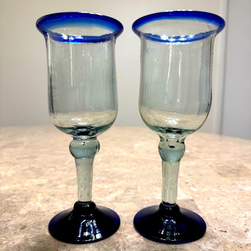 Set of 2 Handblown Blue Rimmed Stemmed Footed Tall Water Wine Glass Goblets 8.5”